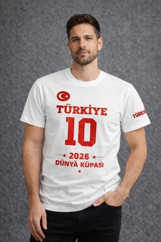 Erkek Türkiye Baskılı Tişört 2026 Dünya Kupası Taraftar Forma T-shirt - Beyaz