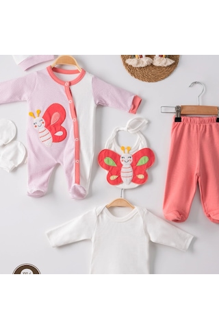 Candar 3 Ay Kelebek Puanlı Tulumlu Kız Bebek 5'li Set Nar Çiçeği Nar Çiçeği