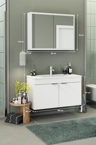 Biani Fix Loft 100 Cm Banyo Dolabı,Seramik Lavabolu, Aynalı,Lavabo Dahil,Mdf,Mat Beyaz