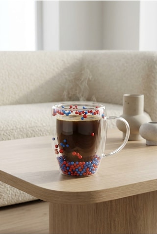 Makri Home Çift Cidarlı Bordo Mavi Cam Kupa 350 Ml Isıya Dayanıklı Şeffaf