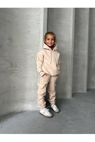 Üç İplik Kapüşonlu Şardonlu Takım Kahverengi - Beyaz