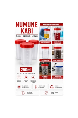 Numune Kabı Ölçekli Şeffaf Gövdeli Kırmızı Vidalı Kapaklı 250 Ml 5 Adet