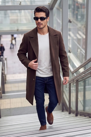 Buratti Loose Fit Kruvaze Yaka Uzun Astarlı Kaşe Kaban Erkek Kaban 681003 Kahve
