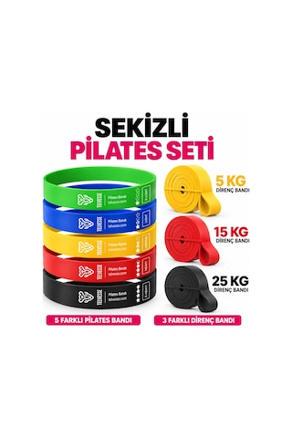 Pilates Direnç Bandı Seti Mini Loop Ve Uzun Egzersiz Bantları 8 Parça Çok Renkli