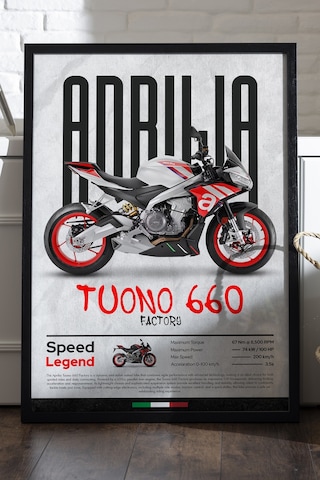 Aprilia Tuono 660 Factory Factory Siyah Ahşap Çerçeveli Poster, Dekoratif Motosiklet Duvar Tablosu Çok Renkli