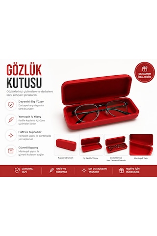 Kırmızı Gözlük Kutusu, Sert Dış Yüzey, Kadife İç Kaplama, Menteşeli Kapanış, Hafif Ve Kompakt Tasarım