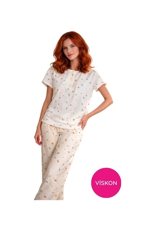 Seamlife Kadın Desenli Düğmeli Bisiklet Yaka Kısa Kol Pijama Takımı-slim Fit Yazlık Homewear Beyaz