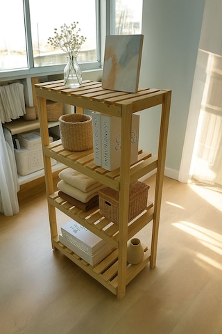 Doğal Ahşap 4 Katlı Dekoratif Raf Beyaz - Çam