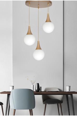 Modern 3'lü Sarkıt Beyaz Opal Camlı Salon Mutfak Oturma Odası Avize Eskitme Gold Gold