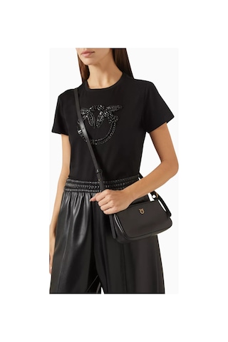 Pinko Mini Half Moon Siyah Deri Lüks Baguette Çanta, Günlük Ve Gece Kullanımı Için Omuz Çantası
