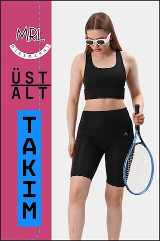 Kadın Siyah Takım Alt-üst Kısa Şort-tayt Ve Pedli Sporcu Büstiyer 2li Set Gül Kurusu Biyeli Elt3043 Siyah Gül
