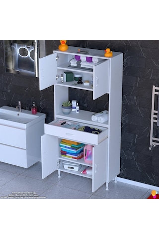 Modilayn Arda Banyo Dolabı 70x173x32,5cm 1 Çekmece 4 Kapak Ve 6 Raflı İhtiyaca Uygun Kolay Kurulum Beyaz