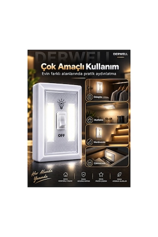 Kablosuz Cob Led Duvar Lambası - Pilli Pratik Led Gece Lambası Anahtarlı Işıldak - Ev Ofis Dolap İçi Gardırop Karavan Merdiven Aydınlatması Mıknatıslı Taşınabilir Lamba