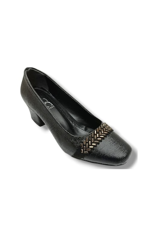 C-shoes 7305-26 Ekose Baskı Bant Taşlı Kısa Kalın Topuk Kadın Ayakkabı Siyah