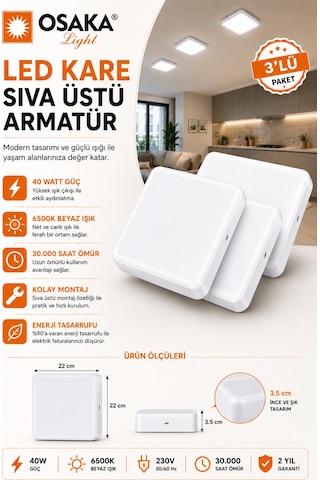 3 Adet Osaka 40w Kare Sıva Üstü Armatür Beyaz Işık 6500k