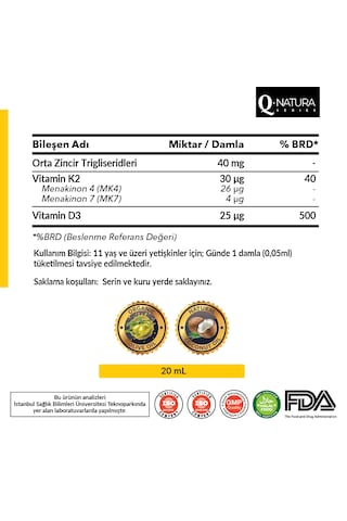 D3k2 Mk-4, Mk-7 20 Ml Damla Organik Zeytinyağı Ve Mct Oil