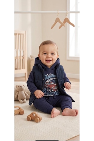 Efemkids 3'lü Kapitone Baskılı Erkek Bebek Takım 6-9 Ay 9-12 Ay 12-18 Ay 18-24 Ay Yenidoğan Bebek Takım Yelek+uzun Kollu Kapüşonlu Body+pijama Kız Bebek Takım Lacivert