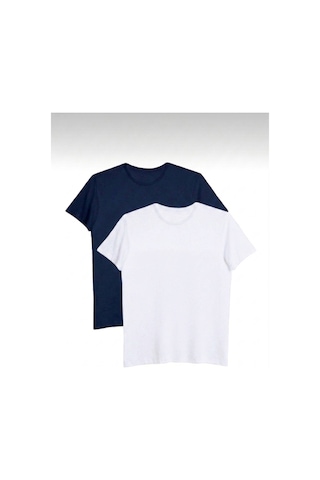 Bürke 2'li Erkek/Unisex Beyaz-Lacivert Renk %100 Pamuk Bisiklet Yaka Basic Tişört