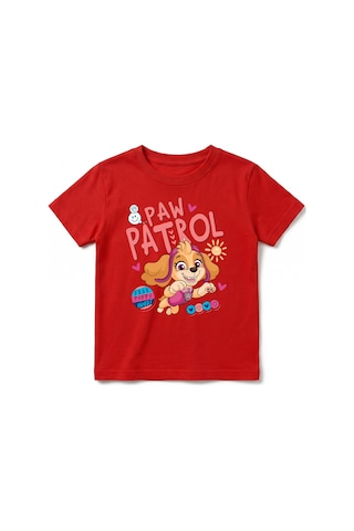 Urbantrendstore Paw Patrol Özel Tasarım Unisex Kız Çocuk Erkek Çocuk Bisiklet Yuvarlak Yaka Basic Kısa Kollu %100 Pamuk Tişört Kırmızı