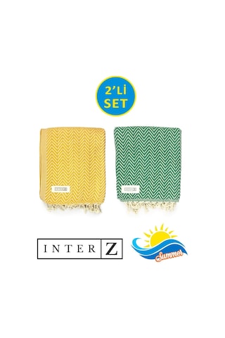 2'li Set Peştemal Plaj Havlusu Pamuk Xxl 100x180cm Marmaris Sarı Yesil
