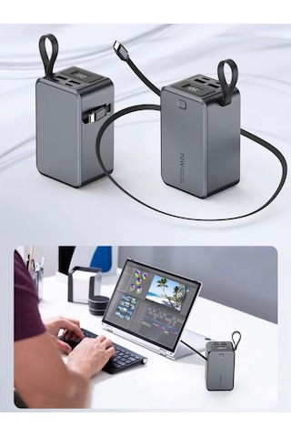 20000mah 70w Hızlı Şarj Powerbank Lcd Ekran 2x Usb + 2x Type-c Type-c Kablolu Çıkışlı Gri