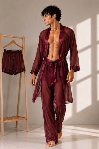Qmen Style Erkek Şifon Kimono- Pijama - Şort Seti Bordo