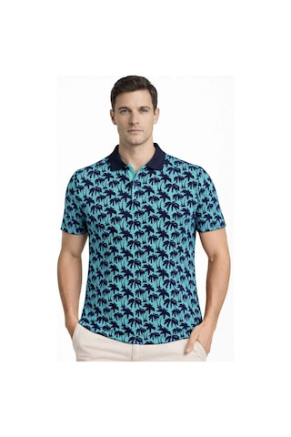 Erkek Pike Kumaş Polo Yaka Palmiye Desenli Tişört Kısa Kol Yazlık T-shirt - Turkuaz Çok Renkli