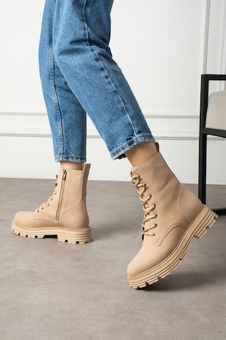 Shoetek Olsima Kadın Bot Bağcıklı Fermuarlı Mat Nut Deri Nut Cilt