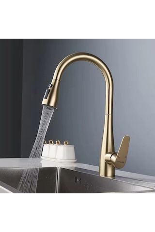 Fause Spiralli Eviye Bataryası Pull Down 3 Fonksiyonlu Fırçalanmış Altın Kte125-bg Mat Altın