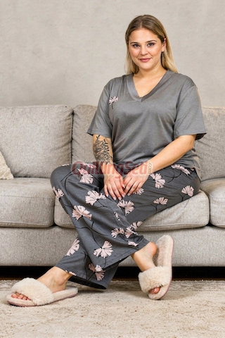 Lady Gri Renk Çiçek Desenli 11058 Kısa Kol Kadın Büyük Beden Anne Pijama Takımı