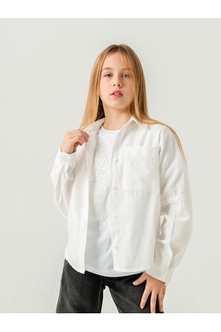 Giyicem Kız Çocuk Cep Dantelli Gömlek T-shirt İkili Takım 1803 Beyaz