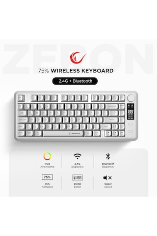 Rampage Rm-k87 Zeron Beyaz Kablosuz Rgb Oyuncu Klavyesi 2.4g + Bluetooth 75% Q Türkçe Gaming Klavye