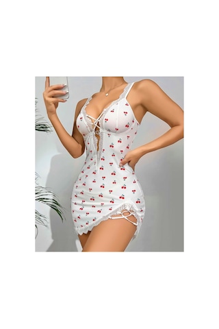 Lily Bianca Nightwear Çiçek Desenli Etek Kısmı Oval Dekolteli Ve Dantel Detaylı Penye Gecelik Beyaz