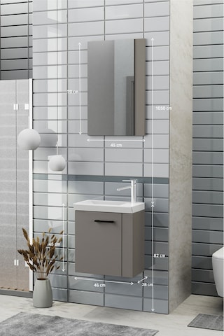 Biani Minila 45 cm Banyo Dolabı,Seramik Lavabolu, Aynalı,Lavabo Dahil,Mdf,Latte