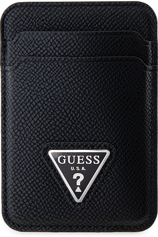 Guess Lisanslı Deri Magnetik Kartlık 2 Hazneli Üçgen Logolu Siyah