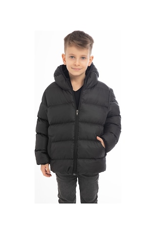 Erkek Çocuk Siyah Içi Polarlı Kapüşonlu Su Geçirmez Rüzgara Dayanıklı Şişme Kışlık Mont Siyah