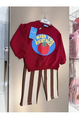 Magu Çocuk Domates Baskılı Kırmızı Sweatshirt Ve Kahverengi Çizgili Eşofman Takımı Çok Renkli