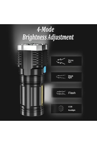 Teltree Dört Led Işık Ve Cob Yan Lambalı Usb Şarjlı El Feneri, Yüksek Parlaklık, 4 Seviye Aydınlatma, Outdoor Ve Ev Kullanıma Uygun Siyah
