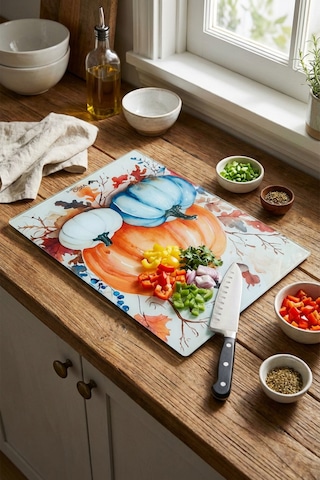 Makri Home Dekoratif Kabak Desenli Cam Kesme Tahtası 25 Cm 35 Cm Turuncu
