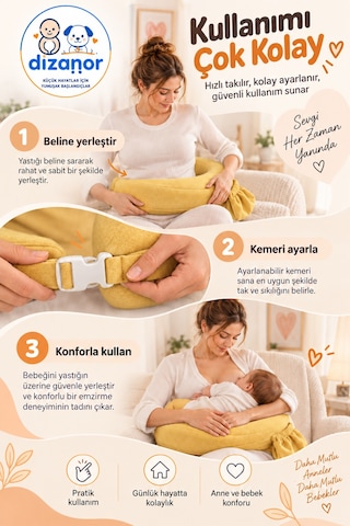 Dizanor Ayarlanabilir Kemerli Çok Amaçlı Emzirme Minderi Fermuarlı Yıkanabilir Kılıf 56x50x11 Cm - Sarı