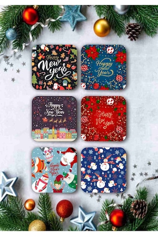 Mutlu Yıllar - Yılbaşı - Yeni Yıl - Merry Christmas Temalı Ahşap Bardak Altlığı Seti 6 Adet-00001 Ahşap