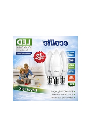 Ecolite 8 W Led Mum Ampul E14 Duy, 3'lü Paket, 810 Lümen, 6500k Beyaz Işık, 60w Eşdeğer, Opal Dekoratif Ampul, Dimmerlenemez,%86 Enerji Tasarrufu, 99x37 Mm Enerji Sınıfı F 10c