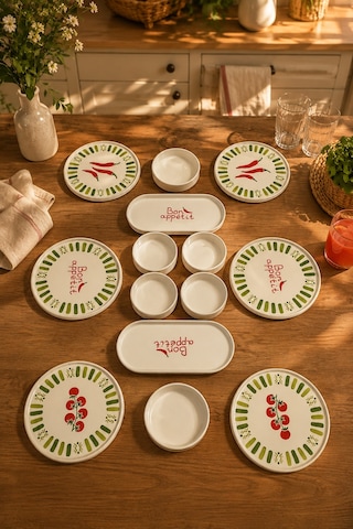 Green Bon Appetit 14 Parça 6 Kişilik Stackable Seramik Kahvaltı Takımı Lüx Sunum Seti Tabağı Beyaz