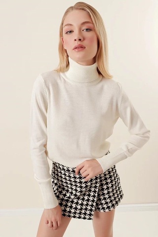 Onno Style Women Düz Balıkcı Yaka Basic Kazak Kemik
