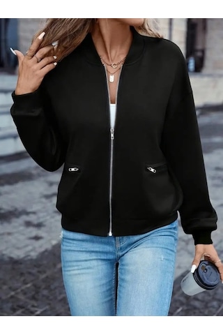 Kadın Uzun Kollu Önden Fermuarlı Cepli Modal Ceket Siyah