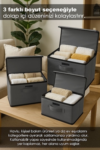 3'lü Kapaklı Saklama Kutusu Seti - Çok Amaçlı Dolap İçi Organizer Çamaşır Oyuncak Düzenleyici Gri Gri
