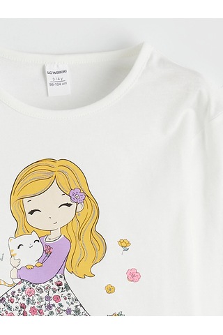 LC Waikiki Lcw Kids Beyaz Bisiklet Yaka Uzun Kollu Baskılı Kız Çocuk Tişört Ecru