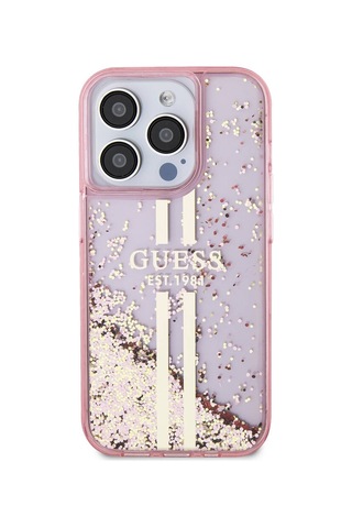 Apple Uyumlu iPhone 15 Pro Kılıf Guess Lisanslı Transparan Sıvılı Simli Altın Çizgili Kapak Pembe