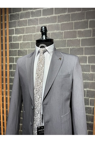 Dupont Classics Dupont Slim Fit Sivri Yaka 6 Drop Çift Yırtmaç Torba Cep Puntolu 2'li Takım Elbise Gri