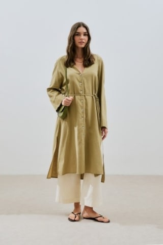 Dokulu Düğmeli Uzun Tunik Haki Haki